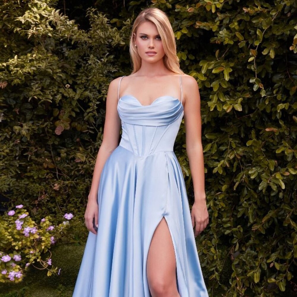 Satin Light Blue Prom Dress with Corset Bodice